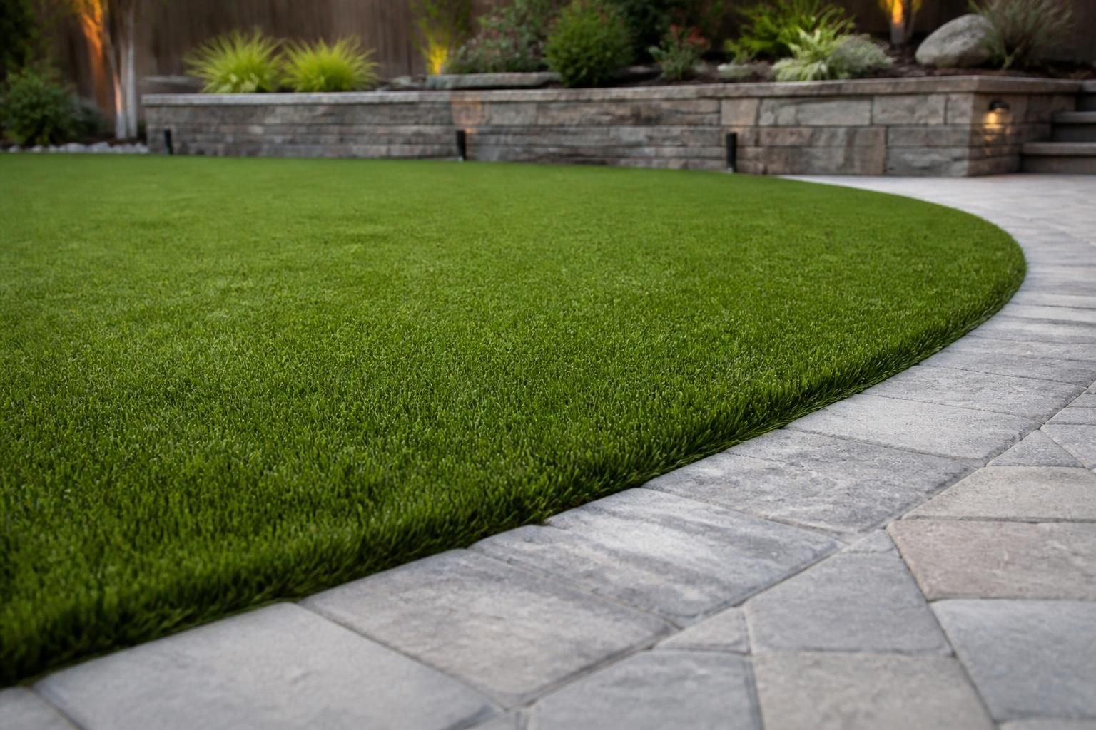 Finished artificial turf lawn with crisp edges beside stone hardscape.