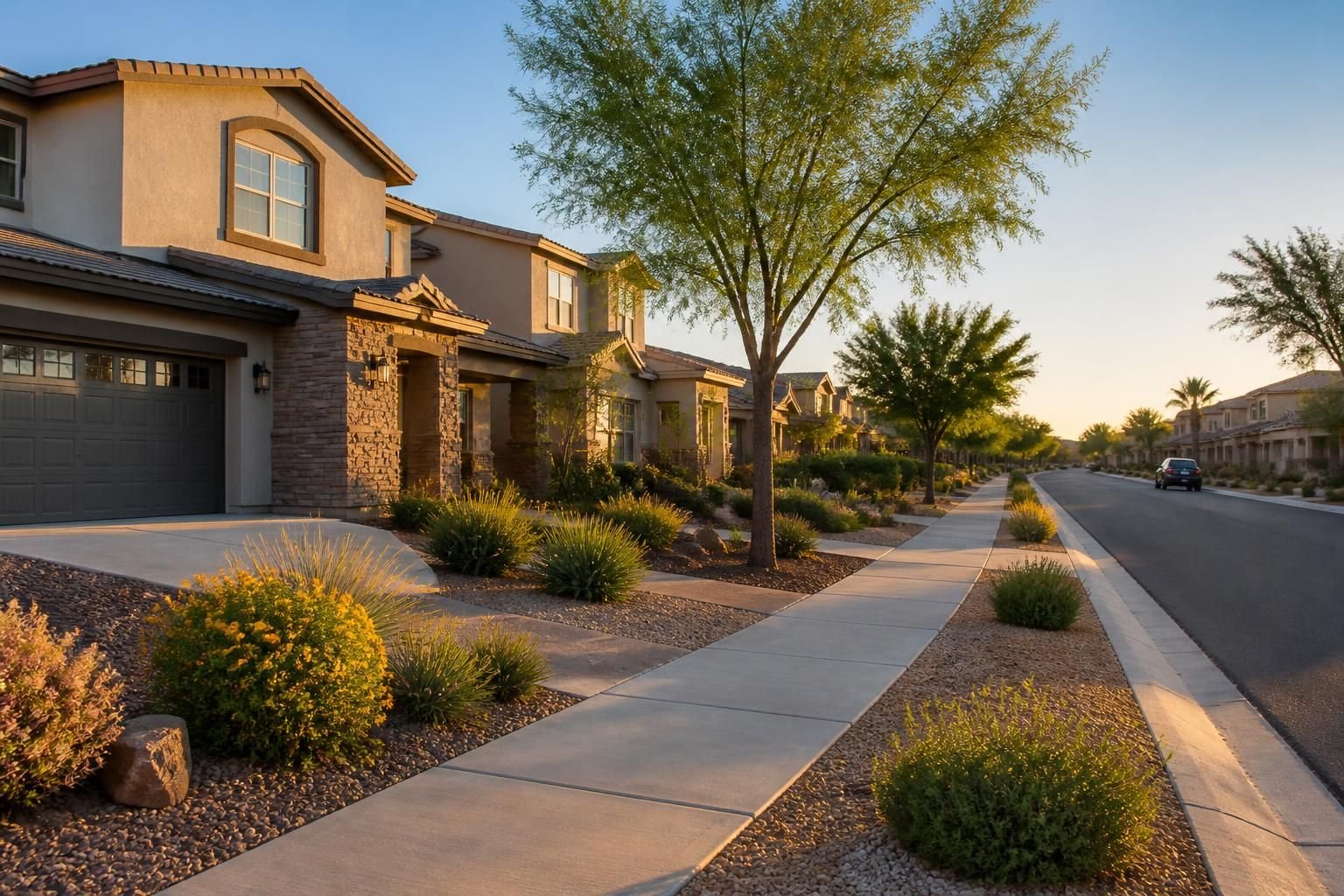 Residential street with modern homes and desert landscaping in Avondale.