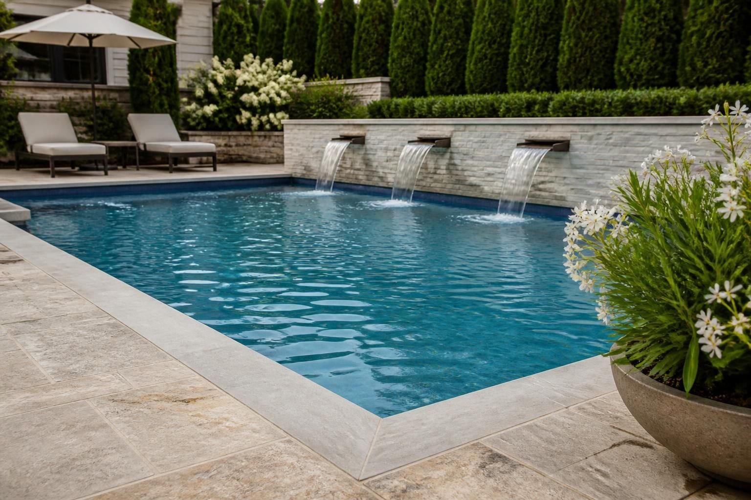 Finished custom pool with stone decking and clean water.