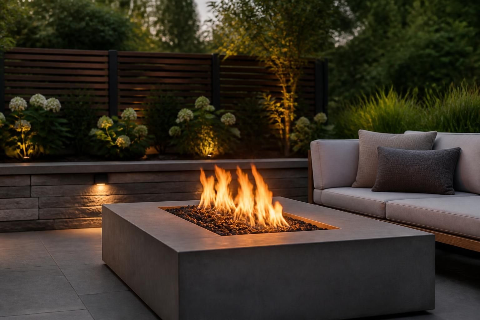 Finished fire pit integrated into a modern backyard seating area.