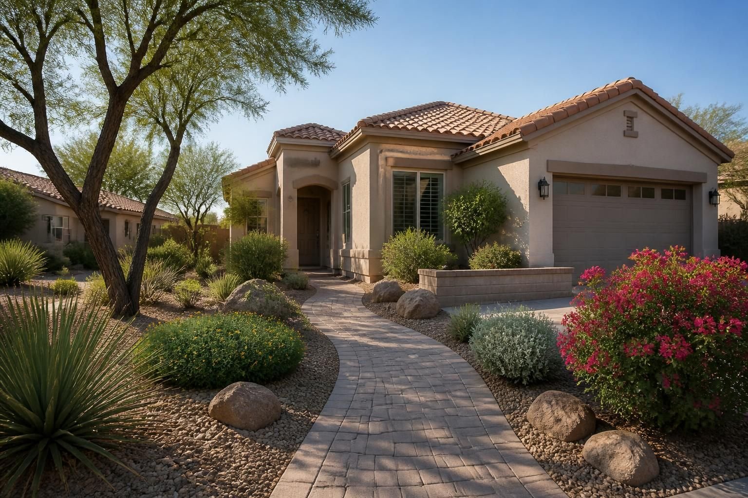 Polished home exterior with clean walkway and desert-friendly plants in Glendale.