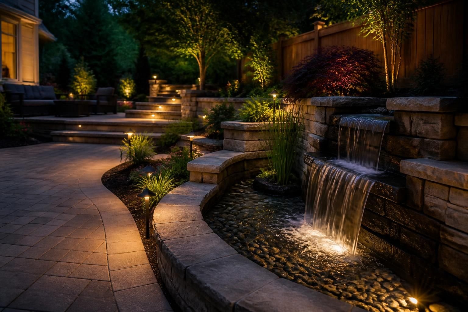 Backyard at dusk with subtle landscape lighting on plants and paths.