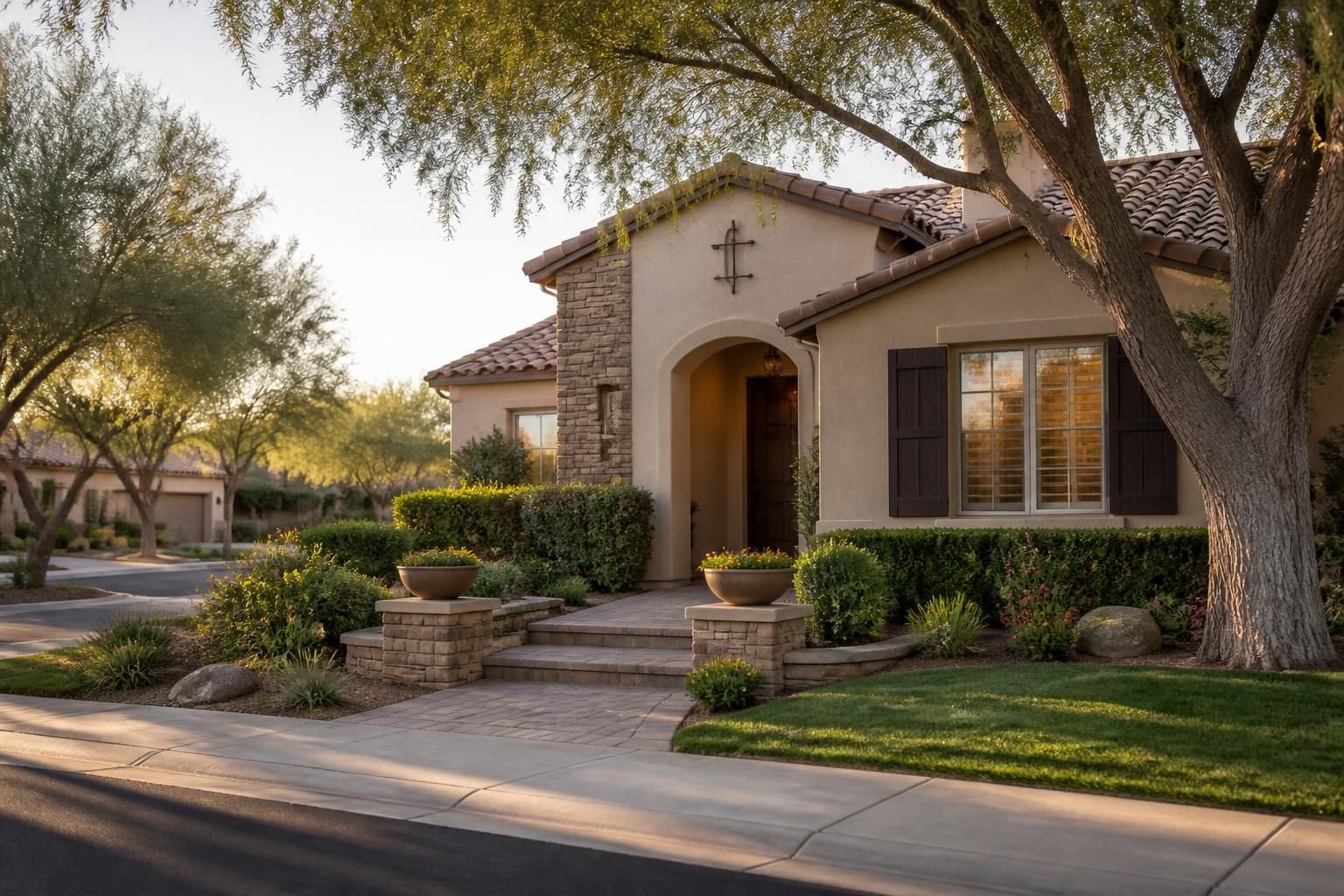 Refined home exterior with mature trees and tidy landscaping in Litchfield Park.