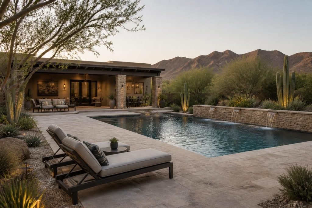 Finished backyard with custom pool, stone patio, and desert landscaping.