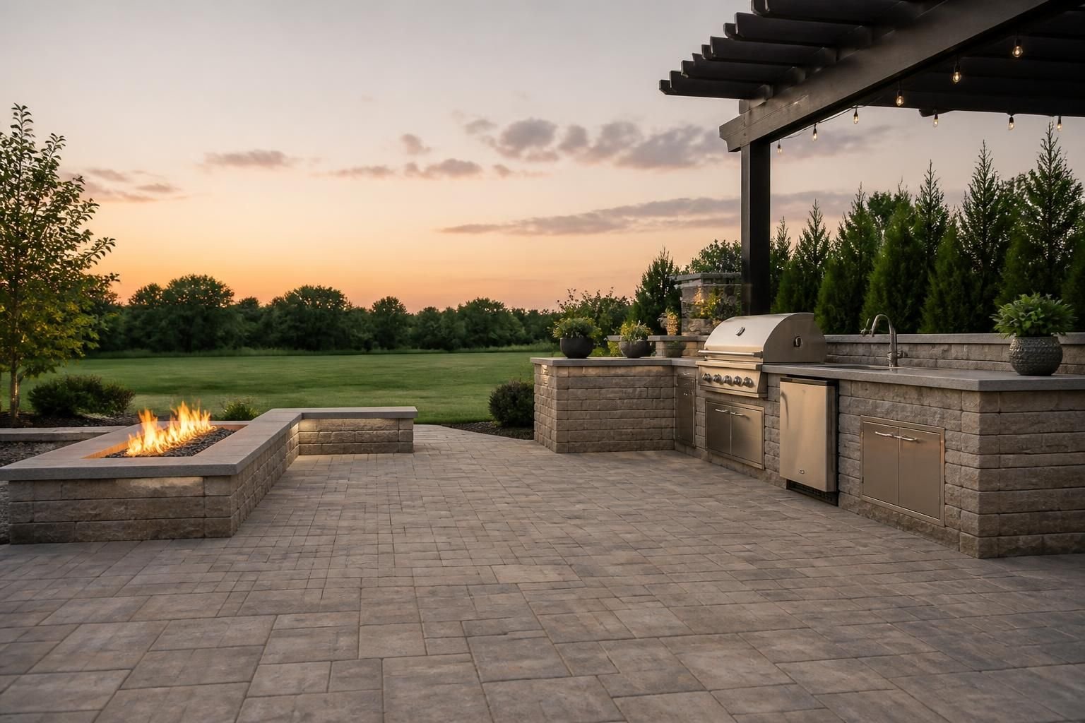 Outdoor entertainment area with kitchen, fire feature, and open patio space.
