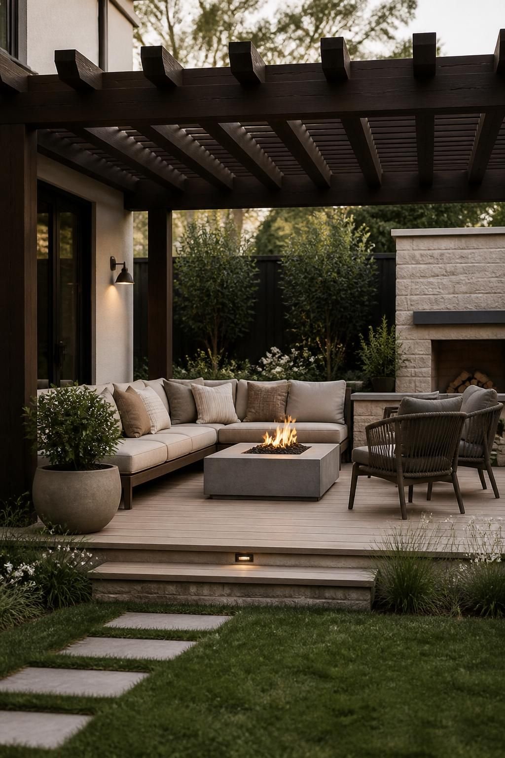 Modern outdoor living space with pergola, seating, and finished landscaping.