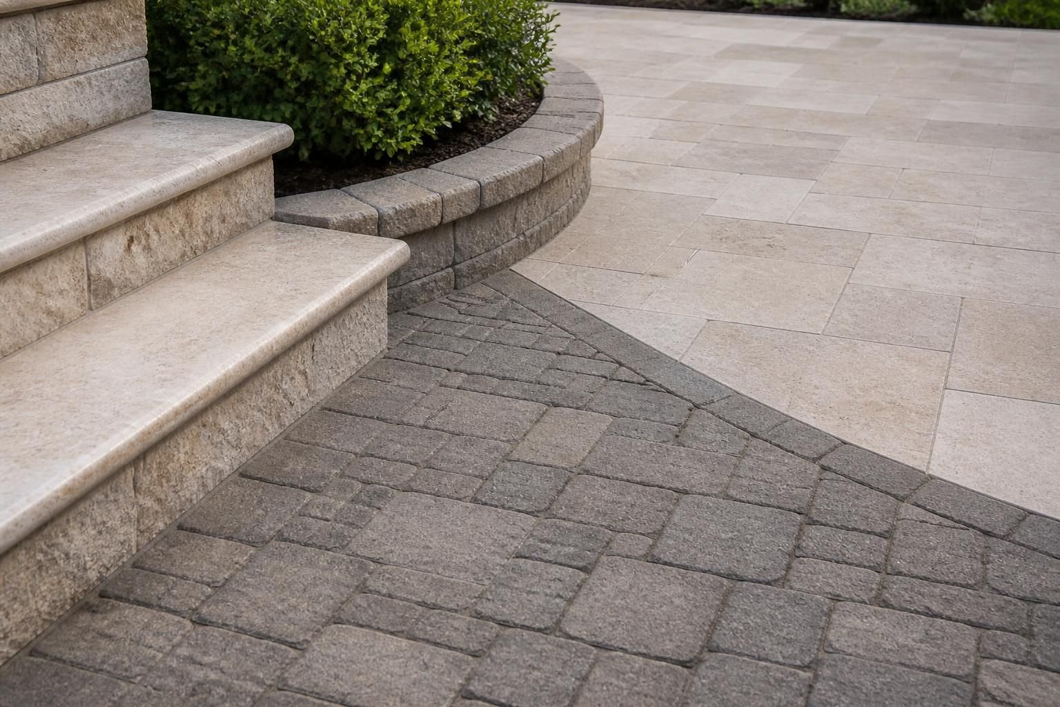 Finished paver and travertine patio with clean refined surfaces.