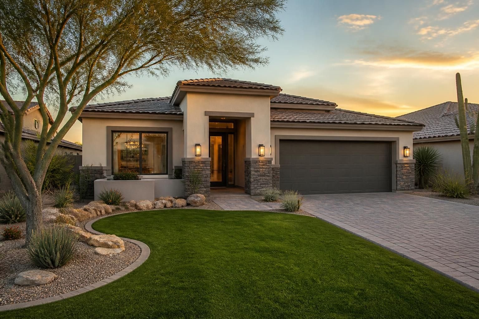 Modern home with neat lawn and southwestern landscaping in Peoria.