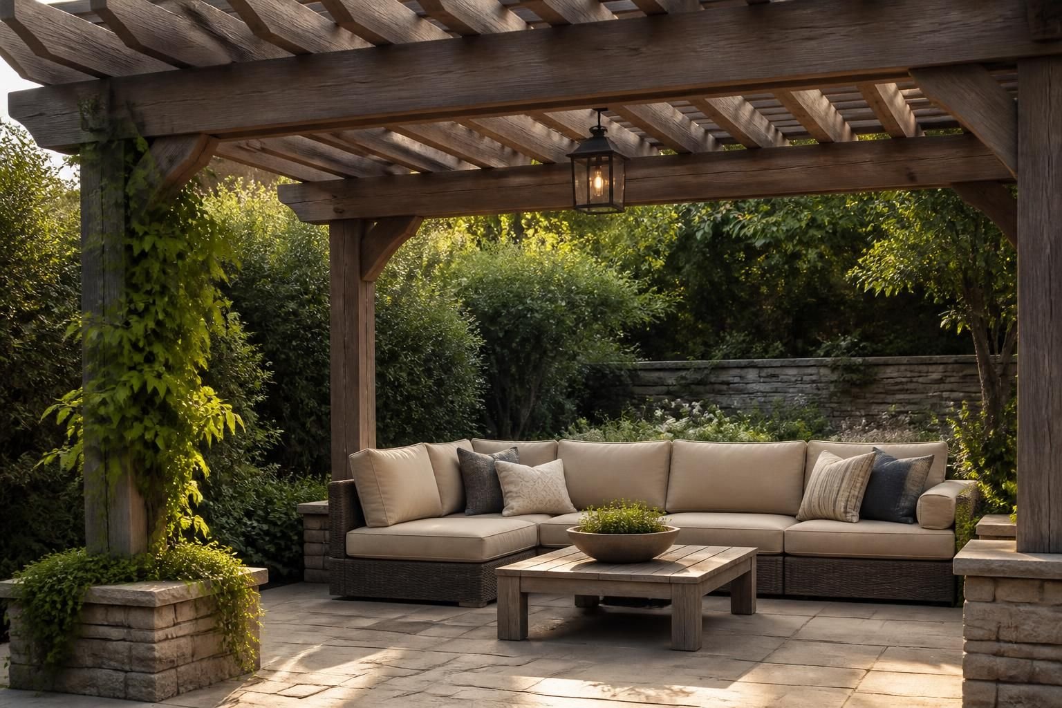 Finished pergola over a comfortable outdoor seating area.