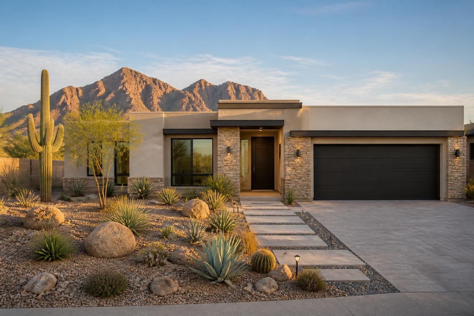Contemporary home with desert landscaping and mountain backdrop in Phoenix.